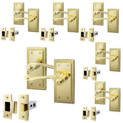 AFIT Polished Brass Georgian Scroll Door Handle Latch Set - Pack 6 - Internal Door Handles & Latch (64mm)