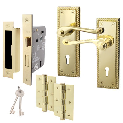 AFIT Polished Brass Georgian Scroll Door Handle Lock Set - Internal Door Handles, Lock (64mm) & Hinges (76mm)