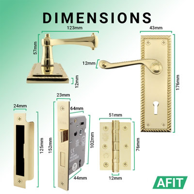 AFIT Polished Brass Georgian Scroll Door Handle Lock Set - Internal Door Handles, Lock (64mm) & Hinges (76mm)