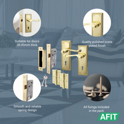 AFIT Polished Brass Georgian Scroll Door Handle Lock Set - Internal Door Handles, Lock (64mm) & Hinges (76mm)