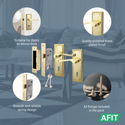 AFIT Polished Brass Georgian Scroll Door Handle Lock Set - Internal Door Handles & Lock (64mm)