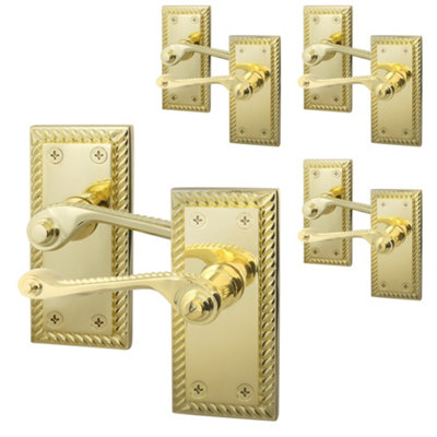 AFIT Polished Brass Georgian Scroll Internal Door Handles on Backplate - Pack 4 - Lever Latch