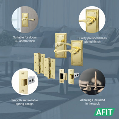 AFIT Polished Brass Georgian Scroll Internal Door Handles on Backplate - Pack 4 - Lever Latch