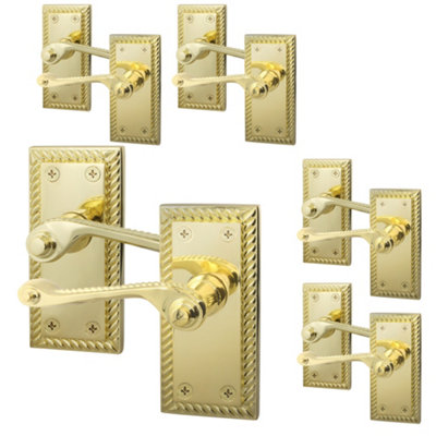 AFIT Polished Brass Georgian Scroll Internal Door Handles on Backplate - Pack 5 - Lever Latch