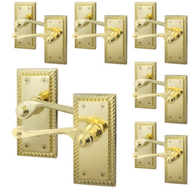 AFIT Polished Brass Georgian Scroll Internal Door Handles on Backplate - Pack 6 - Lever Latch