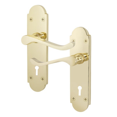 AFIT Polished Brass Internal Door Handles on Backplate - Keyhole Lock - Shaped Victorian Scroll