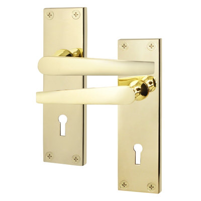 AFIT Polished Brass Internal Door Handles on Backplate - Keyhole Lock - Straight Pattern