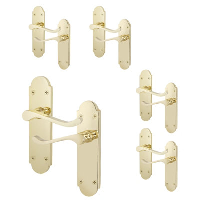 AFIT Polished Brass Internal Door Handles on Backplate - Pack 5 - Shaped Victorian Scroll