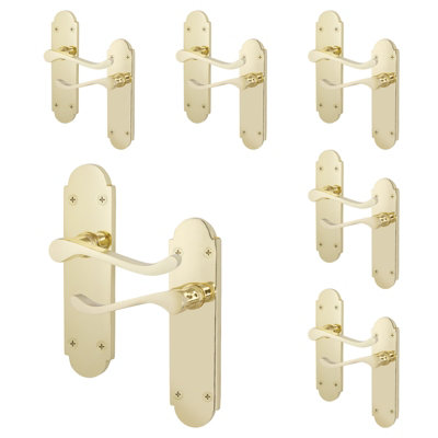 AFIT Polished Brass Internal Door Handles on Backplate - Pack 6 - Shaped Victorian Scroll