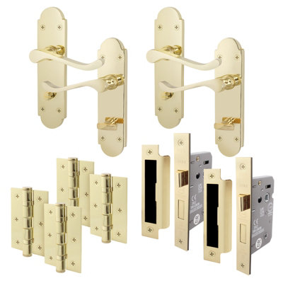 AFIT Polished Brass Shaped Victorian Scroll Bathroom Door Handle Set - Pack 2 - Internal Door Handles, Lock (64mm) & Hinges (76mm)