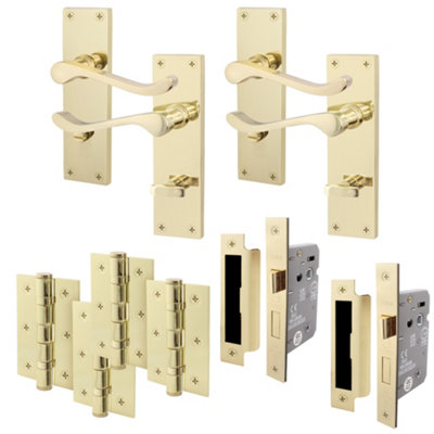 AFIT Polished Brass Traditional Victorian Scroll Bathroom Door Handle - Pack 2 - Internal Door Handles, Lock (64mm), Hinges (76mm)
