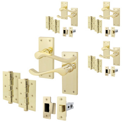 AFIT Polished Brass Traditional Victorian Scroll Door Handle Latch - Pack 4 - Internal Door Handles, Latch (64mm) & Hinges (76mm)