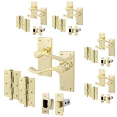 AFIT Polished Brass Traditional Victorian Scroll Door Handle Latch - Pack 5 - Internal Door Handles, Latch (64mm) & Hinges (76mm)