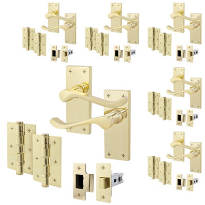 AFIT Polished Brass Traditional Victorian Scroll Door Handle Latch - Pack 6 - Internal Door Handles, Latch (64mm) & Hinges (76mm)