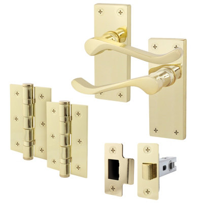 AFIT Polished Brass Traditional Victorian Scroll Door Handle Latch Set - Internal Door Handles, Latch (64mm) & Hinges (76mm)