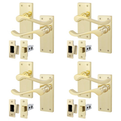 AFIT Polished Brass Traditional Victorian Scroll Door Handle Latch Set - Pack 4 - Internal Door Handles & Latch (64mm)