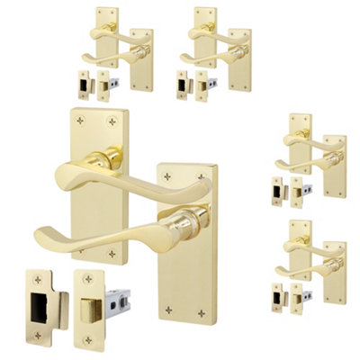 AFIT Polished Brass Traditional Victorian Scroll Door Handle Latch Set - Pack 5 - Internal Door Handles & Latch (64mm)
