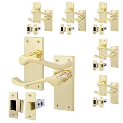 AFIT Polished Brass Traditional Victorian Scroll Door Handle Latch Set - Pack 6 - Internal Door Handles & Latch (64mm)
