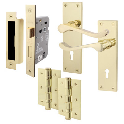AFIT Polished Brass Traditional Victorian Scroll Door Handle Lock Set - Internal Door Handles, Lock (64mm) & Hinges (76mm)