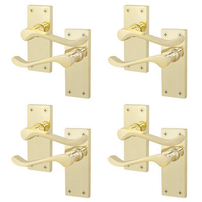 AFIT Polished Brass Traditional Victorian Scroll Internal Door Handles on Backplate - Pack 4 - Lever Latch