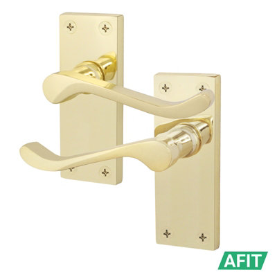 AFIT Polished Brass Traditional Victorian Scroll Internal Door Handles on Backplate - Pack 4 - Lever Latch