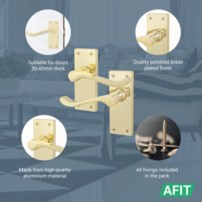 AFIT Polished Brass Traditional Victorian Scroll Internal Door Handles on Backplate - Pack 4 - Lever Latch