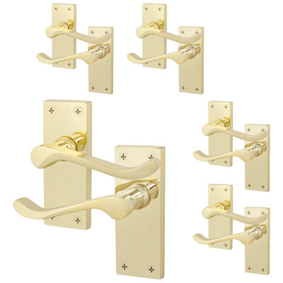 AFIT Polished Brass Traditional Victorian Scroll Internal Door Handles on Backplate - Pack 5 - Lever Latch