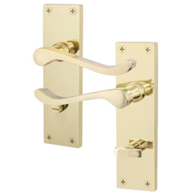 AFIT Polished Brass Victorian Scroll Bathroom Door Handles - 1 Pair of Brass Internal Lever Handles on Backplate