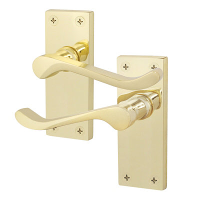 AFIT Polished Brass Victorian Scroll Door Handles - 1 Pair of Brass Internal Lever Latch Handles on Backplate