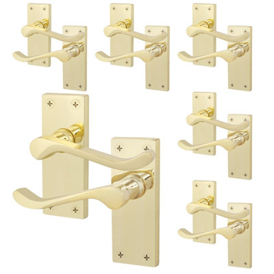 AFIT Polished Brass Victorian Scroll Door Handles - 6 Pairs of Brass Internal Lever Latch Handles on Backplate