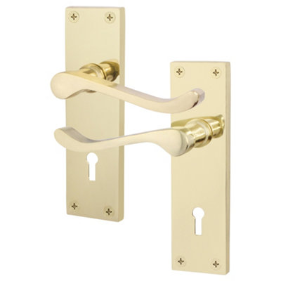 AFIT Polished Brass Victorian Scroll Door Handles for Key Lock - 1 Pair of Brass Internal Lever Lock Handles on Backplate