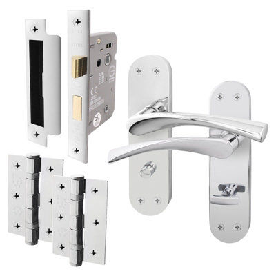 AFIT Polished Chrome Bathroom Door Handle Set - Door Handles, Lock (64mm) & Hinges (76mm) - Novi Backplate Range