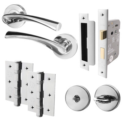 AFIT Polished Chrome Bathroom Door Handle Set - Door Handles, Lock (64mm), Hinges (76mm) & Thumbturn - Novi Range