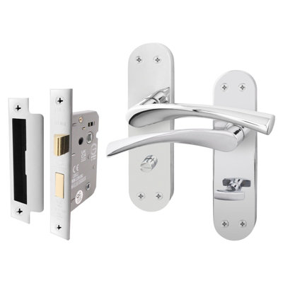AFIT Polished Chrome Bathroom Door Handle Set - Includes Bathroom Door Handles & Lock (64mm) - Novi Backplate Range