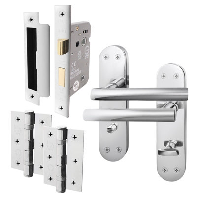 AFIT Polished Chrome Bathroom Door Handle Set - Internal Door Handles, Lock (64mm) & Hinges (76mm) - Olvera Backplate Range