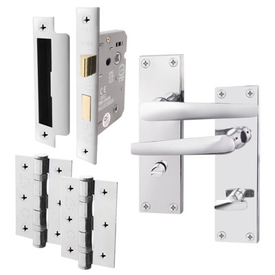 AFIT Polished Chrome Bathroom Door Handle Set - Internal Door Handles, Lock (64mm) & Hinges (76mm) - Straight Pattern