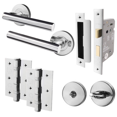 AFIT Polished Chrome Bathroom Door Handle Set - Internal Door Handles, Lock (64mm) Hinges (76mm), Turn & Release - Olvera Range