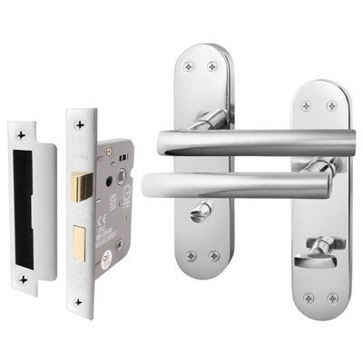 AFIT Polished Chrome Bathroom Door Handle Set - Internal Door Handles & Lock (64mm) - Olvera Backplate Range