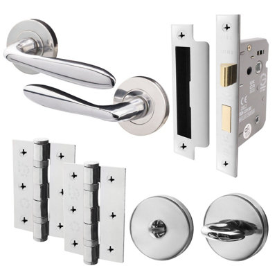 AFIT Polished Chrome Bathroom Door Handle Set Internal, Thumb Turn & Release Set,  66mm Lock, 76mm Hinges - Sarran Range