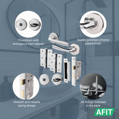 AFIT Polished Chrome Bathroom Door Handle Set Internal, Thumb Turn & Release Set,  66mm Lock, 76mm Hinges - Sarran Range