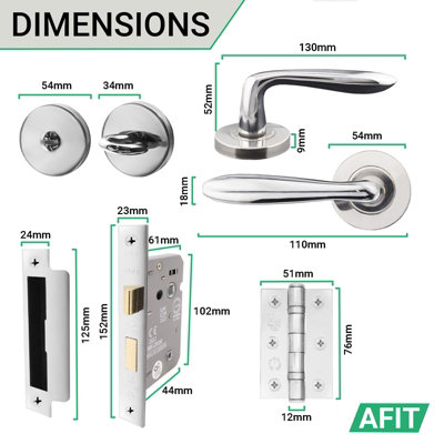 AFIT Polished Chrome Bathroom Door Handle Set Internal, Thumb Turn & Release Set,  66mm Lock, 76mm Hinges - Sarran Range - 3