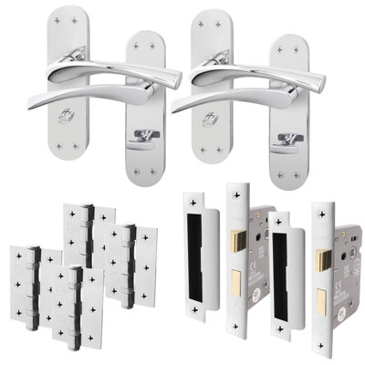 AFIT Polished Chrome Bathroom Door Handle Set - Pack 2 - Door Handles, Lock (64mm) & Hinges (76mm) - Novi Backplate Range