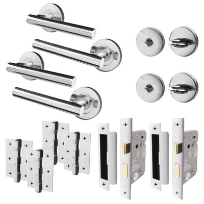 AFIT Polished Chrome Bathroom Door Handle Set - Pack 2 - Door Handles, Lock (64mm), Hinges (76mm), Turn & Release - Olvera Range