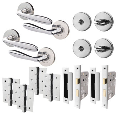 AFIT Polished Chrome Bathroom Door Handle Set - Pack 2 - Door Handles, Lock (64mm), Hinges (76mm), Turn & Release - Santeau Range Price Comparisons | Compare The Build