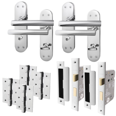 AFIT Polished Chrome Bathroom Door Handle Set - Pack 2 - Internal Door Handles, Lock (64mm) & Hinges (76mm) - Olvera Backplate