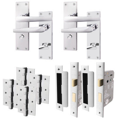 AFIT Polished Chrome Bathroom Door Handle Set - Pack 2 - Internal Door Handles, Lock (64mm) & Hinges (76mm) - Straight Pattern