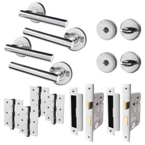 AFIT Polished Chrome Bathroom Door Handle Set - Pack of 2, Lock (66mm) & Hinges (76mm) Olvera Range