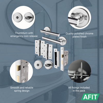 AFIT Polished Chrome Bathroom Door Handle Set Thumb Turn, Lock (64mm) & Hinges (76mm) Olvera Range