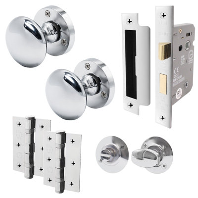 AFIT Polished Chrome Bathroom Door Knob Set - 1 Pair of Victorian Mortice Knobs (55mm), Lock (80mm) & Hinges (76mm)