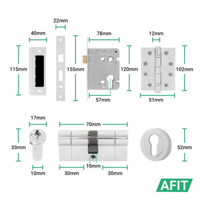AFIT Polished Chrome Door Handle Euro Lock and Cylinder Set Internal ...